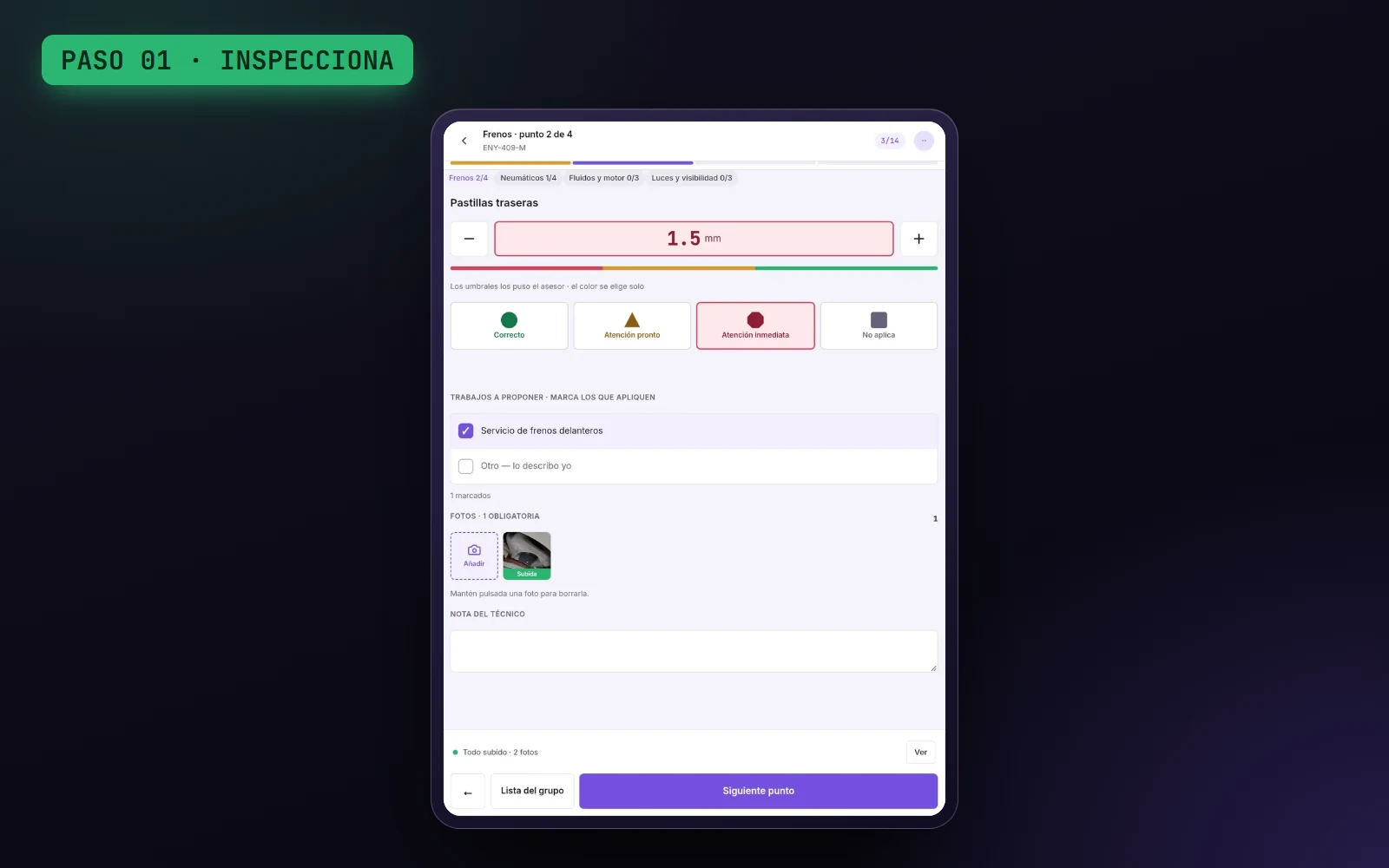 Demo: el técnico inspecciona en la tableta, tú revisas y pones precio, y el cliente acepta cada trabajo desde su celular.