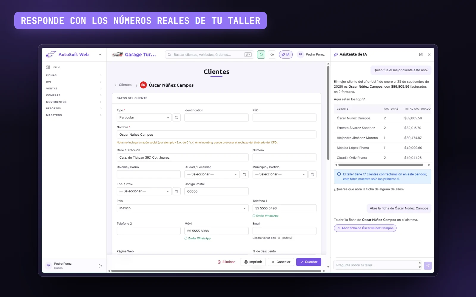 Demo: el agente dice quién fue tu mejor cliente del año, te abre el calendario con las horas de las citas y te orienta ante un ruido al frenar.