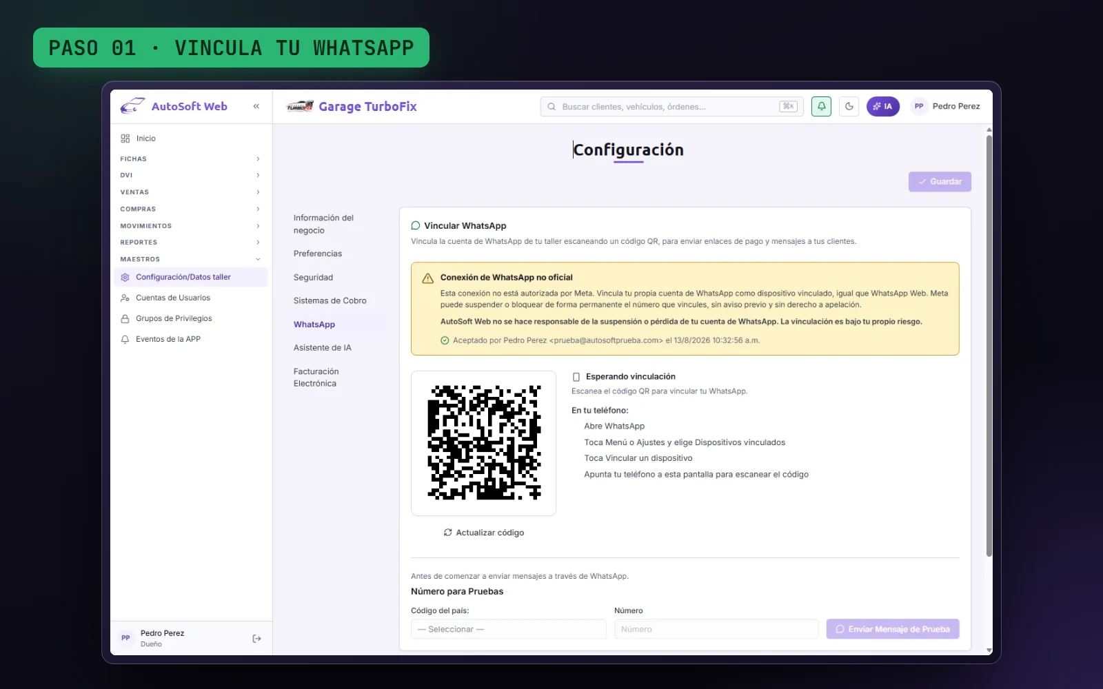 Demo: vinculación con el código QR, envío por WhatsApp desde la app y recepción en el teléfono del cliente.